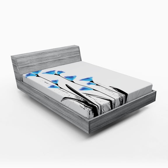 Ambesonne Floral Fitted Sheet, Flowers Tulips in Ombre, Queen Size, Charcoal Grey Sky Blue