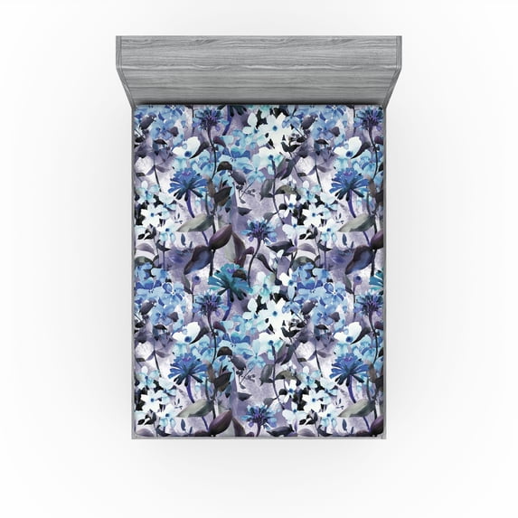 Ambesonne Floral Fitted Sheet, Flowers Violet Color Palette, King Size, Indigo Pale Blue White