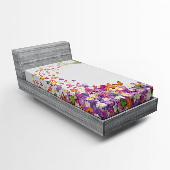 Ambesonne Floral Fitted Sheet, Flowers Watering Pot, Twin Size, Multicolor