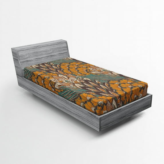 Ambesonne Floral Fitted Sheet, Flowers and Peacock, Twin XL Size, Petrol Blue Pale Coffee