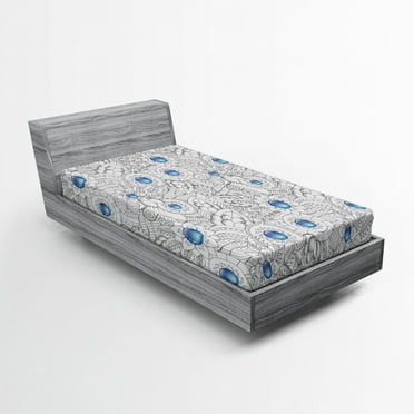 Ambesonne Floral Fitted Sheet, Flowers with Blue Dots, Twin XL Size, Black White Blue