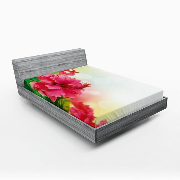 Ambesonne Floral Fitted Sheet, Fragrance Blossoms Garden, Queen Size, Hot Pink Fern Green