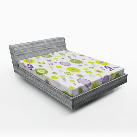 Ambesonne Floral Fitted Sheet, Funky Flowers Pattern, Queen Size, Olive Green Apple