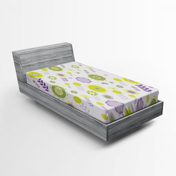 Ambesonne Floral Fitted Sheet, Funky Flowers Pattern, Twin XL Size, Olive Green Apple