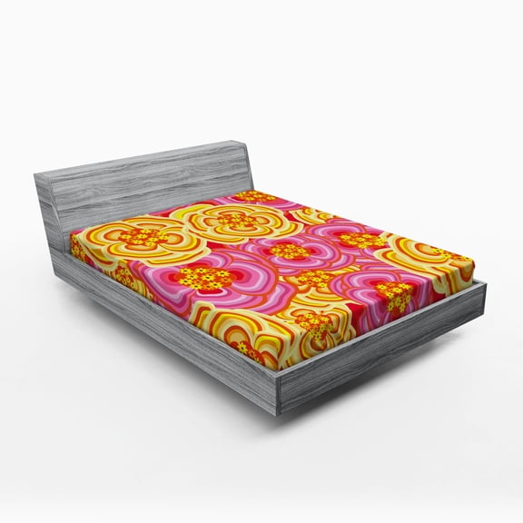 Ambesonne Floral Fitted Sheet, Funky Vibrant Flowers, Full Size, Yellow Pink Orange