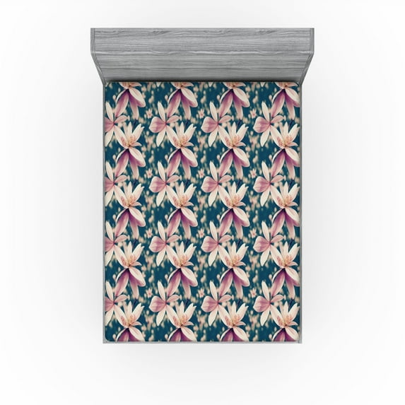 Ambesonne Floral Fitted Sheet, Garden of Magnolia Flowers, California King, Petrol Blue and Pale Purple