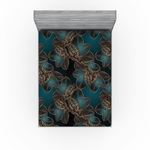 Ambesonne Floral Fitted Sheet, Geometric Art Retro Flowers, California King, Petrol Blue and Cinnamon
