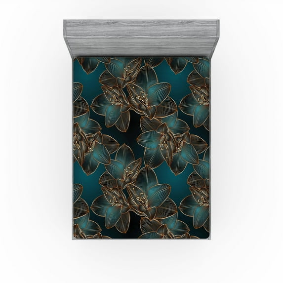 Ambesonne Floral Fitted Sheet, Geometric Art Retro Flowers, King Size, Petrol Blue and Cinnamon