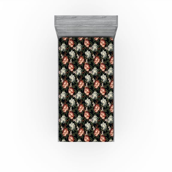 Ambesonne Floral Fitted Sheet, Gothic Jungle Flowers Retro, Twin Size, Charcoal Grey Pale Rose