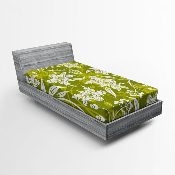 Ambesonne Floral Fitted Sheet, Green Flower Pattern, Twin XL Size, Pale Green White
