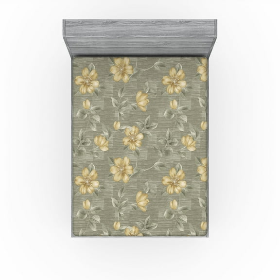 Ambesonne Floral Fitted Sheet, Grunge Atmosphere Flowers, California King, Pale Olive Green