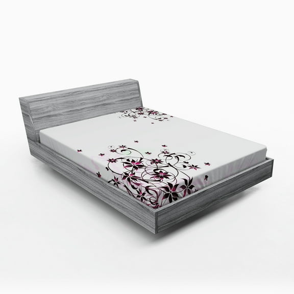 Ambesonne Floral Fitted Sheet, Grunge Flower Motif Leaf, Queen Size, Black Pale Pink Mint