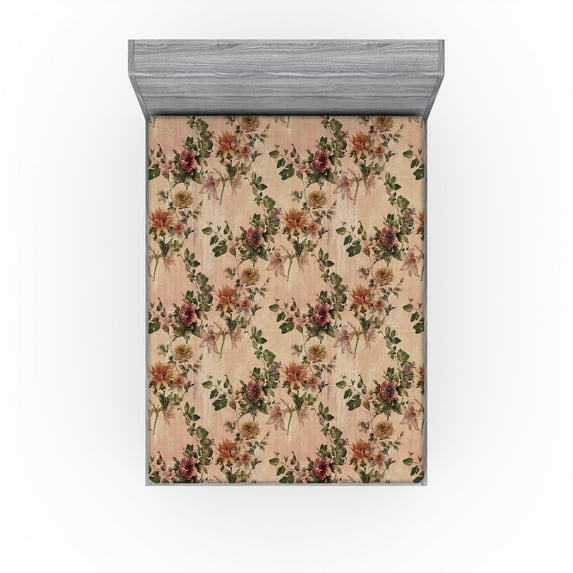 Ambesonne Floral Fitted Sheet, Grungy Back Flowers Leaves, Queen Size, Salmon Green Pale Rust