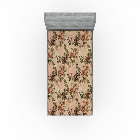 Ambesonne Floral Fitted Sheet, Grungy Back Flowers Leaves, Twin XL Size, Salmon Green Pale Rust