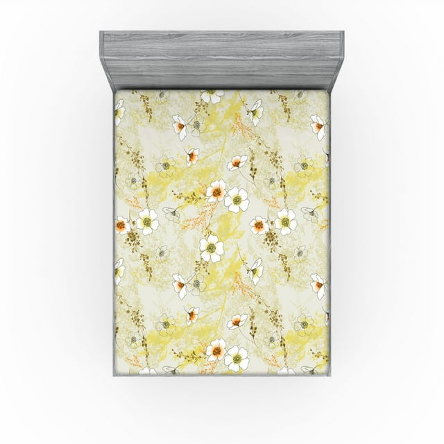 Ambesonne Floral Fitted Sheet, Hand-Drawn Minimal Flowers, California King, Mustard Vermilion and Orange