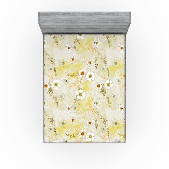 Ambesonne Floral Fitted Sheet, Hand-Drawn Minimal Flowers, Full Size, Mustard Vermilion and Orange