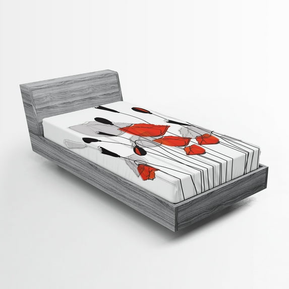 Ambesonne Floral Fitted Sheet, Hand Drawn Poppy Flowers, Twin Size, Vermilion Black