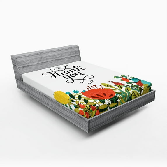 Ambesonne Floral Fitted Sheet, Hand Writing Thank You, Full Size, Multicolor