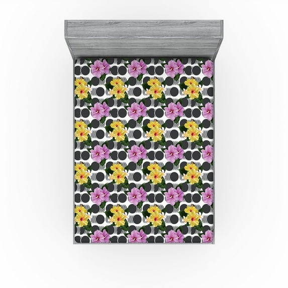 Ambesonne Floral Fitted Sheet, Hawaii Hibiscus Blooms Retro, Full Size, Pale Purple Mustard and Grey