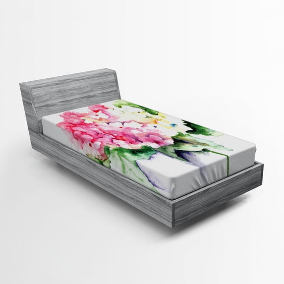 Ambesonne Floral Fitted Sheet, Hydrangea Flower Bouquet, Twin Size, Forest Green Yellow Pink