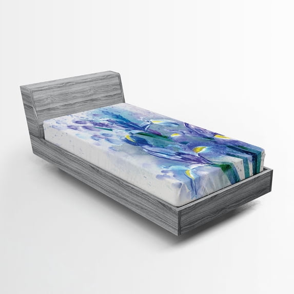 Ambesonne Floral Fitted Sheet, Iris Fresh Colors, Twin XL Size, Lilac Teal Ecru