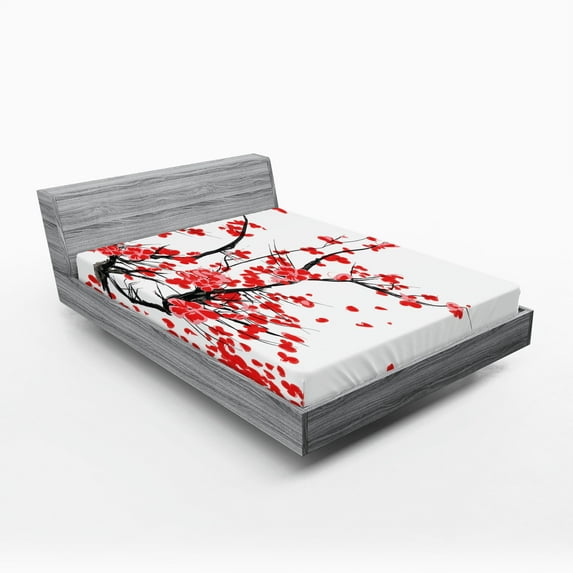 Ambesonne Floral Fitted Sheet, Japanese Spring Blooms, Full Size, Vermilion Brown White