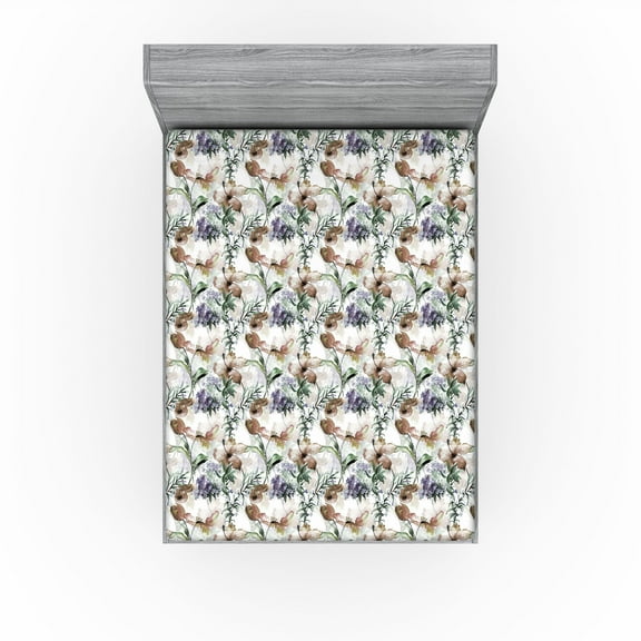 Ambesonne Floral Fitted Sheet, Jungle Geranium Poppy Art, California King, Cocoa Quartz and Green