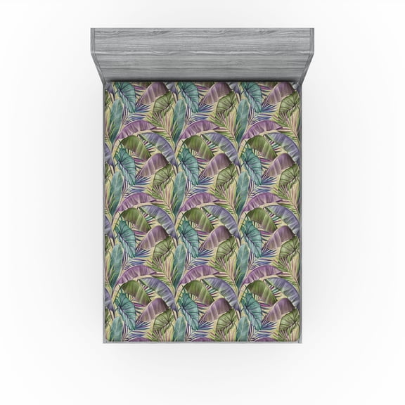 Ambesonne Floral Fitted Sheet, Jungle Leafy Pattern Print, Queen Size, Lilac Pale Khaki and Seafoam
