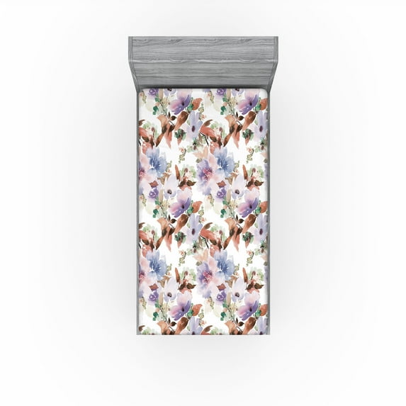 Ambesonne Floral Fitted Sheet, Leaves Petals Blossoms Print, Twin Size, Redwood Lavender Green