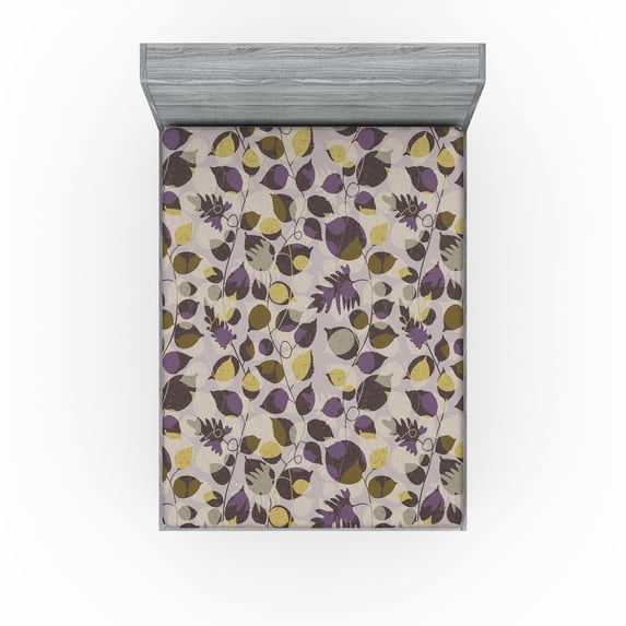 Ambesonne Floral Fitted Sheet, Leaves with Colorful Blots, Queen Size, Fawn and Pale Eggplant