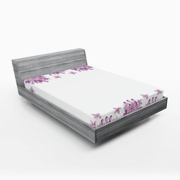 Ambesonne Floral Fitted Sheet, Lilac Flowers Blossoms, Full Size, White and Lilac