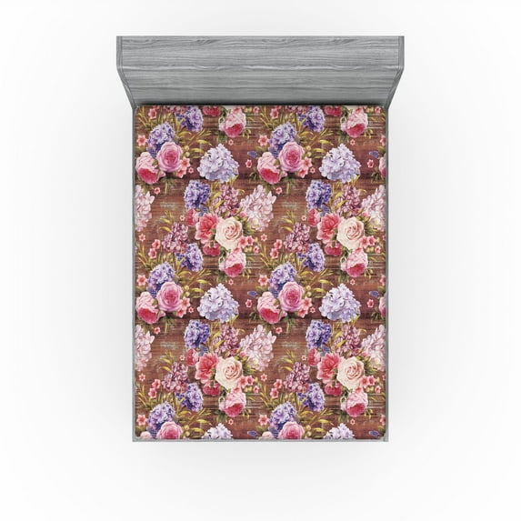 Ambesonne Floral Fitted Sheet, Lilac Rose and Magnolia Art, King Size, Cinnamon Pink and Violet