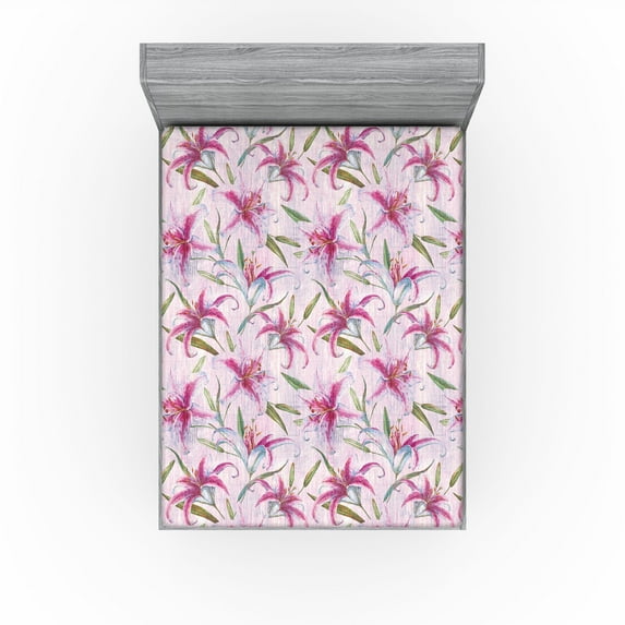 Ambesonne Floral Fitted Sheet, Lily Flowers Vintage Grunge, Queen Size, Pink Green and Rose