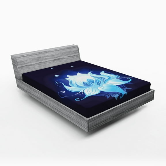 Ambesonne Floral Fitted Sheet, Lotus with Dew Drops, Queen Size, Indigo Sky Blue