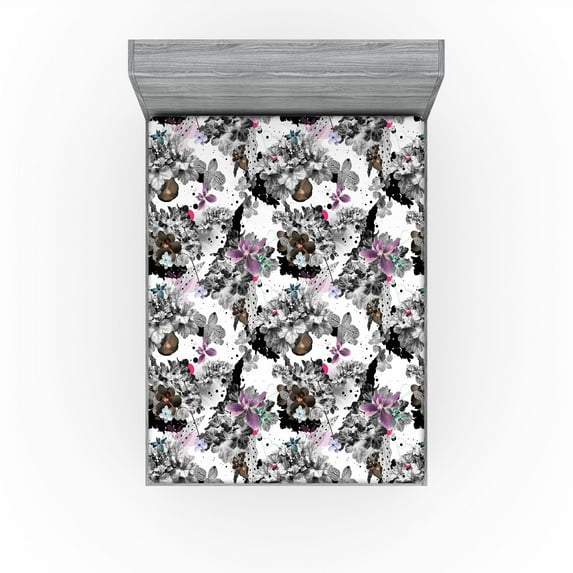 Ambesonne Floral Fitted Sheet, Magnolia Flowers Dots Leaves, California King, Grey Brown and Pale Purple