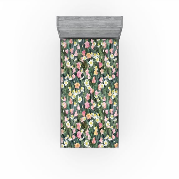 Ambesonne Floral Fitted Sheet, Meadow Sunflowers Bluebells, Twin XL Size, Fern Green Rose and Yellow