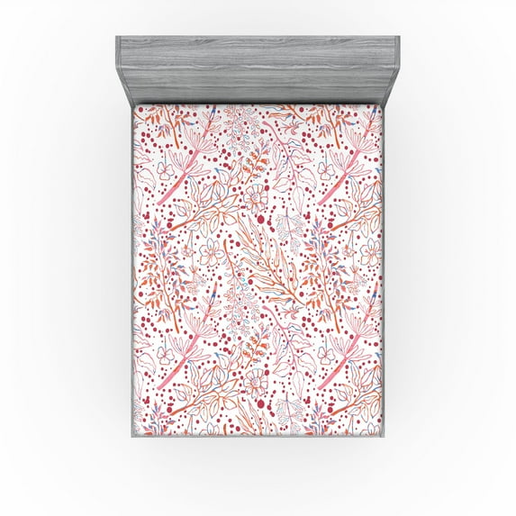 Ambesonne Floral Fitted Sheet, Minimal Leaves Branches Dots, California King, Pink Burnt Sienna and Blue