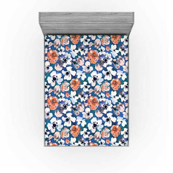 Ambesonne Floral Fitted Sheet, Modern Flourishes Flowers, Queen Size, Dark Teal Orange