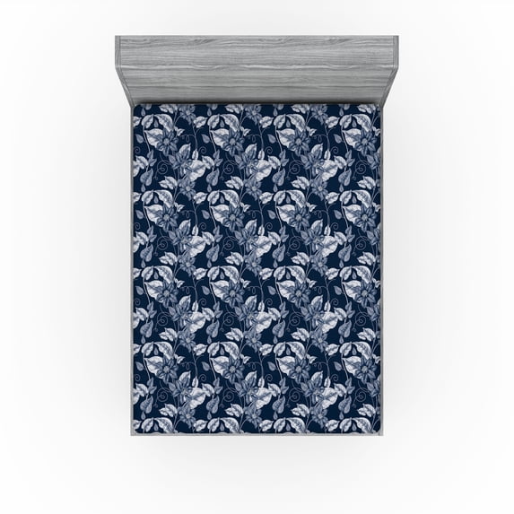 Ambesonne Floral Fitted Sheet, Monochrome Art Flowers Leafy, King Size, White Navy Blue