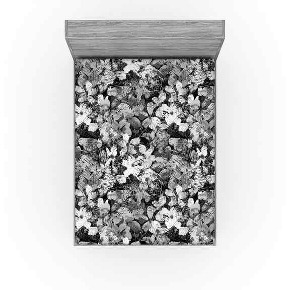 Ambesonne Floral Fitted Sheet, Monochrome Garden Scene Art, California King, Charcoal Grey and Pale Grey