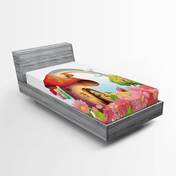Ambesonne Floral Fitted Sheet, Mushroom House in Garden, Twin XL Size, Multicolor