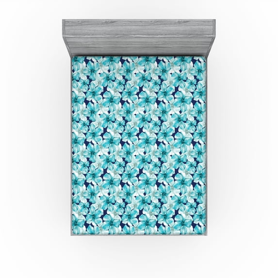Ambesonne Floral Fitted Sheet, Nature Aquatic Blossoms Art, Queen Size, Indigo and Turquoise