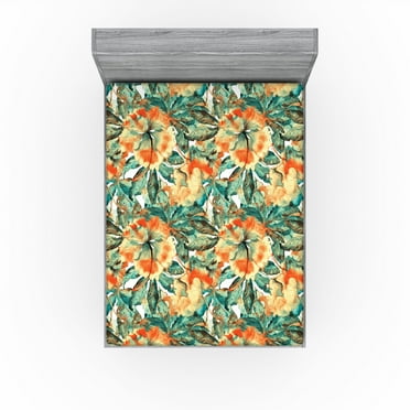 Ambesonne Floral Fitted Sheet, Nature Passiflora Artwork, California King, Teal Pale Yellow Orange