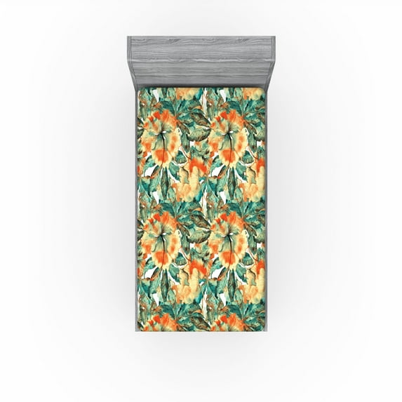 Ambesonne Floral Fitted Sheet, Nature Passiflora Artwork, Twin XL Size, Teal Pale Yellow Orange