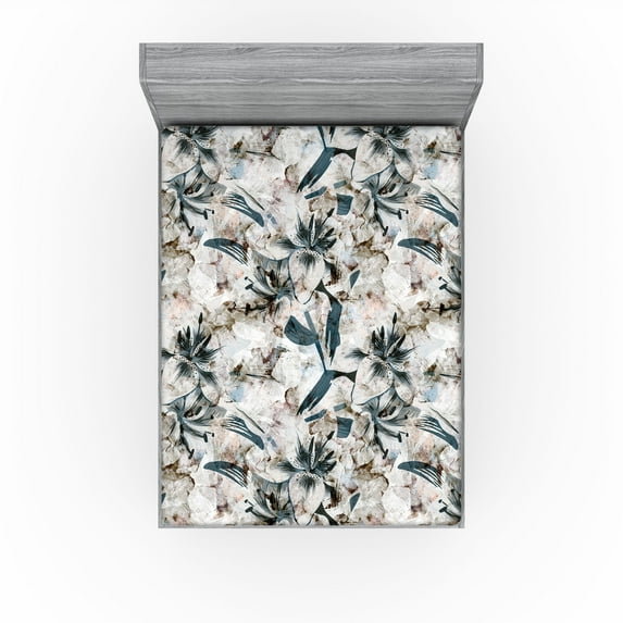 Ambesonne Floral Fitted Sheet, Neutral Grunge Pattern Lily, King Size, Dark Tan and Slate Blue