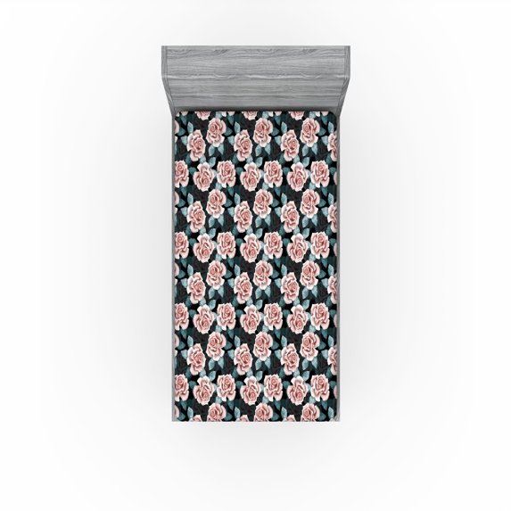 Ambesonne Floral Fitted Sheet, Night Forest Rose Blossoms, Twin XL Size, Dark Teal Blush