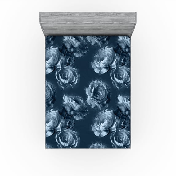 Ambesonne Floral Fitted Sheet, Nostalgia Art Peony Flowers, Full Size, Dark Slate Blue