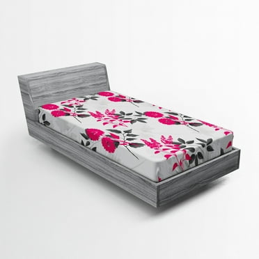 Ambesonne Floral Fitted Sheet, Nostalgic Leaf and Flowers, Twin XL Size, Magenta Dark Grey White