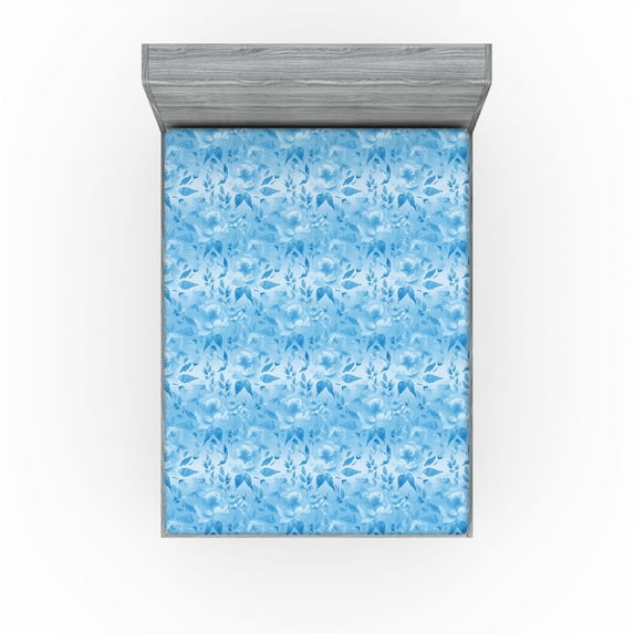 Ambesonne Floral Fitted Sheet, Oceanic Colors Flowers Leafy, Full Size, Sky Blue