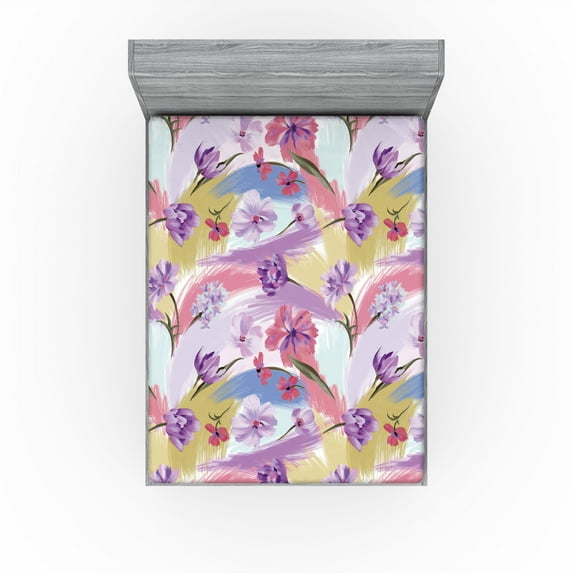 Ambesonne Floral Fitted Sheet, Oil Painting Look Flowers, Queen Size, Lilac Blush and Khaki